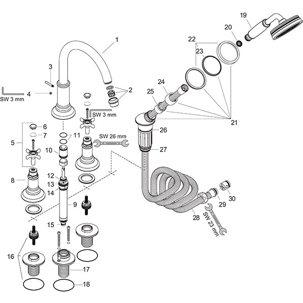 Hansgrohe 4-Loch Wannenarmatur Axor Montreux F-Set f.Fliesenrand chrom m.Kreuzgriffen