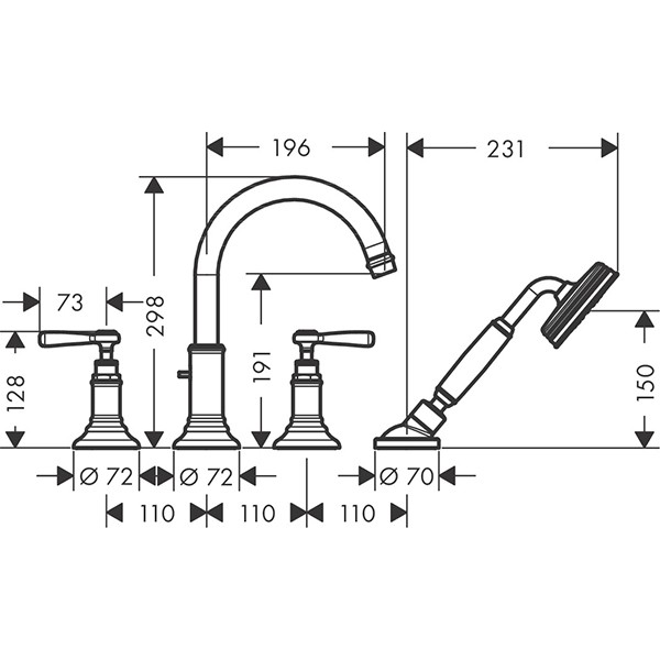 Hansgrohe 4-Loch Wannenarmatur Axor Montreux F-Set f.Wannenrand chrom m.Hebelgriffen