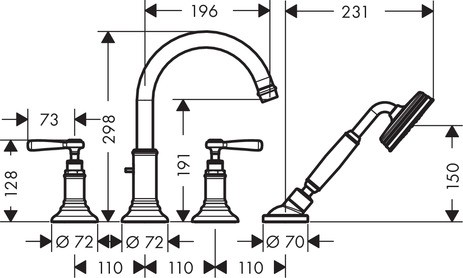 Hansgrohe 4-Loch Wannenarmatur Axor Montreux F-Set f.Wannenrand chrom m.Hebelgriffen