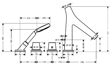 Hansgrohe 4-Loch Wannenarmatur Axor Starck Organic F-Set f.Wannenrand chrom