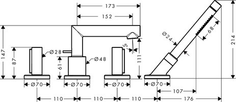 Hansgrohe 4-Loch Wannenarmatur Axor Uno F-Set Zerogriff BN Wannenrandmontage