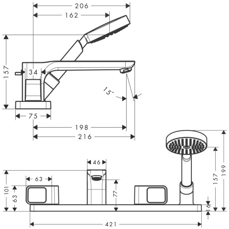 Hansgrohe 4-Loch Wannenarmatur Axor Urquiola F-Set f.Wannenrand chrom