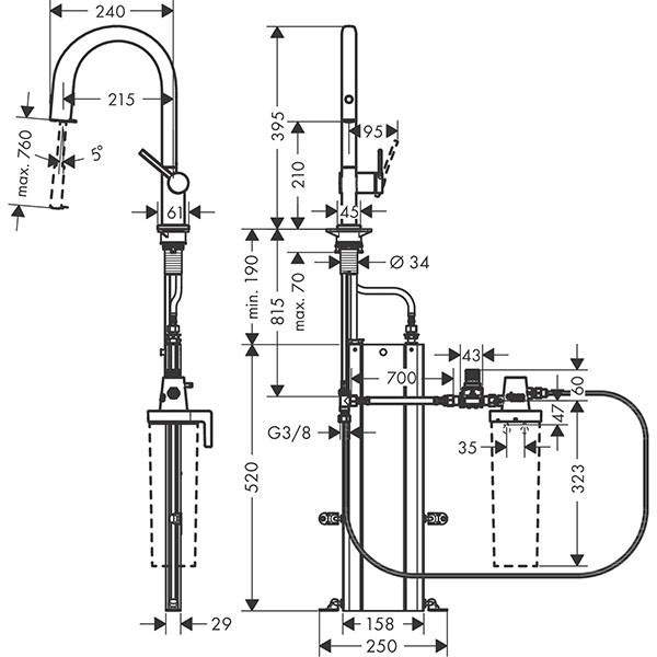 Hansgrohe Aqittura M91 FilterSystem 210, Ausziehauslauf, 1jet, sBox Chrom