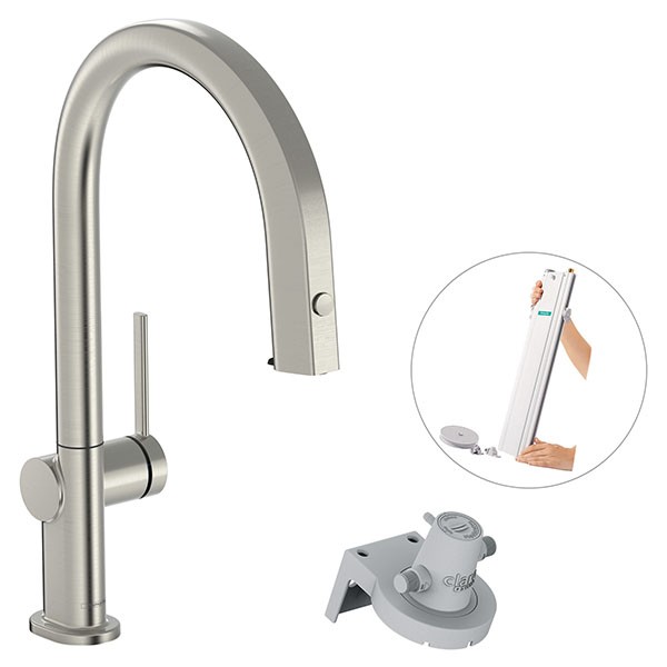 Hansgrohe Aqittura M91 FilterSystem 210, Ausziehauslauf, 1jet, sBox Edelstahl Finish