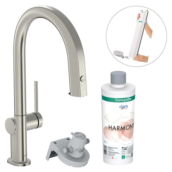 Hansgrohe Aqittura M91 FilterSystem 210, Ausziehauslauf, 1jet, sBox, Starter Set Edelstahl Finish