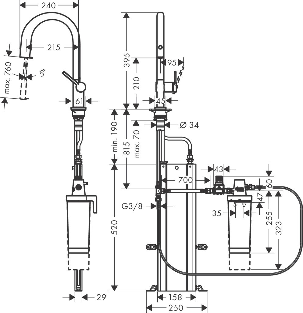 Hansgrohe Aqittura M91 FilterSystem 210, Ausziehauslauf, 1jet, sBox, Starter Set Mattschwarz