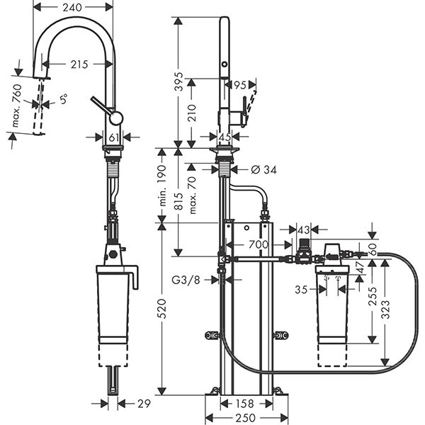 Hansgrohe Aqittura M91 FilterSystem 210, Ausziehauslauf, 1jet, sBox, Starter Set Mattschwarz