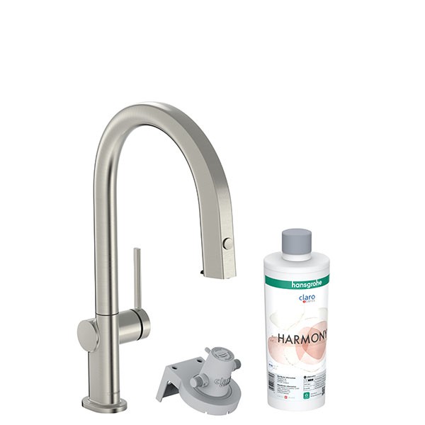Hansgrohe Aqittura M91 FilterSystem 210, Ausziehauslauf, 1jet, Starter Set Edelstahl Finish