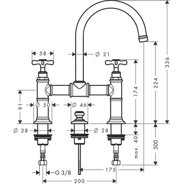 Hansgrohe AXOR Montreux 2-Griff-Waschtischarmatur 220 mit Ablaufgarnitur, nickel gebürstet 16510820