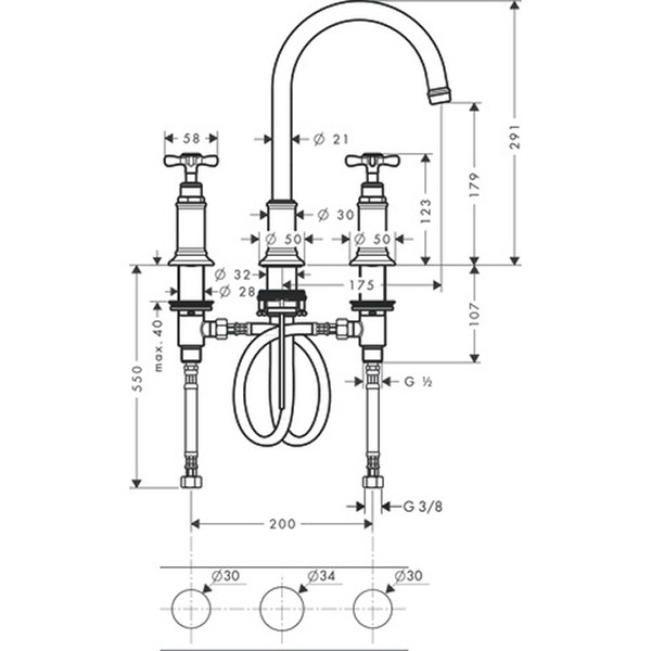 Hansgrohe AXOR Montreux 3-Loch-Waschtischarmatur 180 mit Ablaufgarnitur, nickel gebürstet 16513820