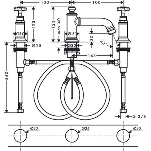 Hansgrohe AXOR Montreux 3-Loch-Waschtischarmatur 30 mit Ablaufgarnitur, nickel gebürstet 16536820