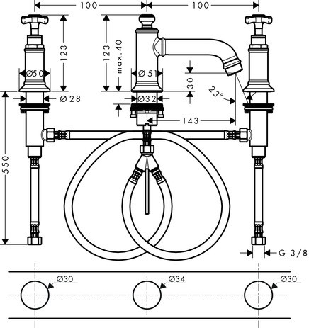 Hansgrohe AXOR Montreux 3-Loch-Waschtischarmatur 30 mit Ablaufgarnitur, nickel gebürstet 16536820