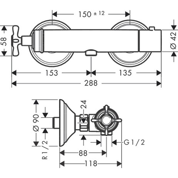 Hansgrohe AXOR Montreux Thermostatmischer Aufputz DN15 mit Kreuzgriff für Brause, nickel gebürstet 16261820
