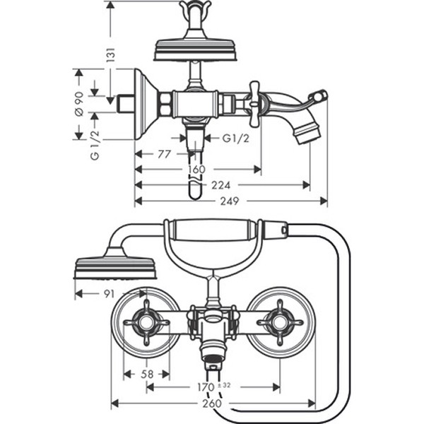 Hansgrohe AXOR Montreux Zweigriff Wannenarmatur Aufputz, nickel gebürstet 16540820