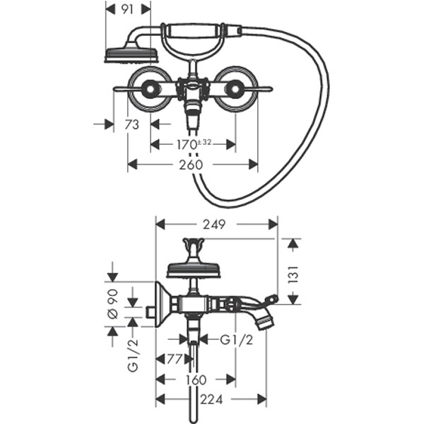 Hansgrohe AXOR Montreux Zweigriff Wannenarmatur mit Hebefriffen, nickel gebürstet 16551820
