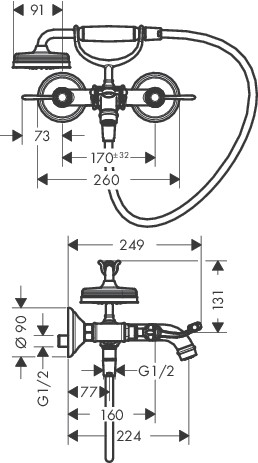 Hansgrohe AXOR Montreux Zweigriff Wannenarmatur mit Hebefriffen, nickel gebürstet 16551820