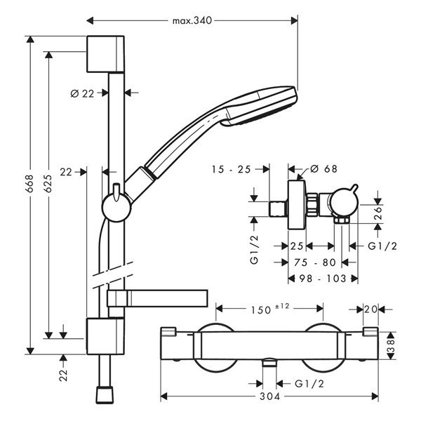 Hansgrohe Brausenkombi Croma 100 Multi/Ecostat 1001 SL und Brausenstange Unica'C 900mm