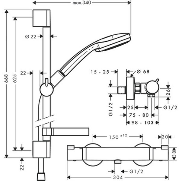 Hansgrohe Brausenkombi Croma 100 Multi/Ecostat Comfort und Brausenstange Unica'C 650mm