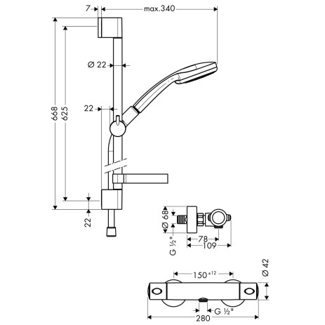 Hansgrohe Brausenkombi Croma 100 Multi/Ecostat Comfort und Brausenstange Unica'C 650mm