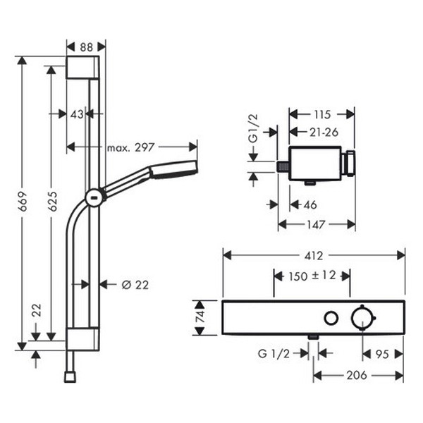 HG Brausesystem Pulsify 105 Relaxation Brausethermostat Stange 650mm chrom