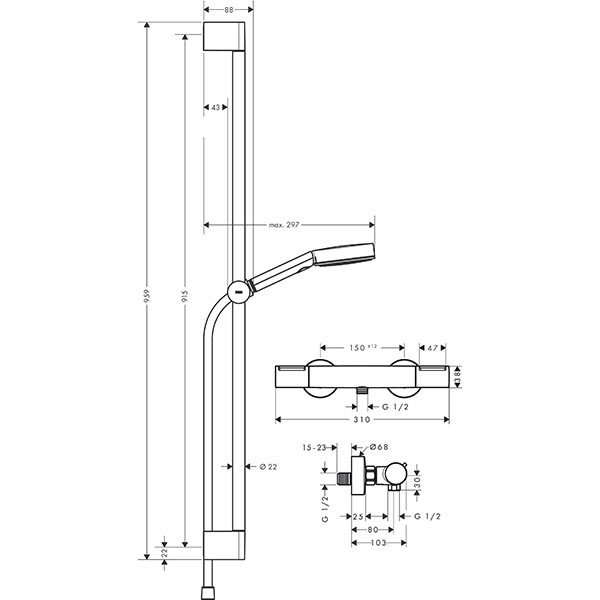 Hansgrohe Brausesystem Pulsify Select S 105 3j  Eco Relaxation Ecostat Element 900mm MSW