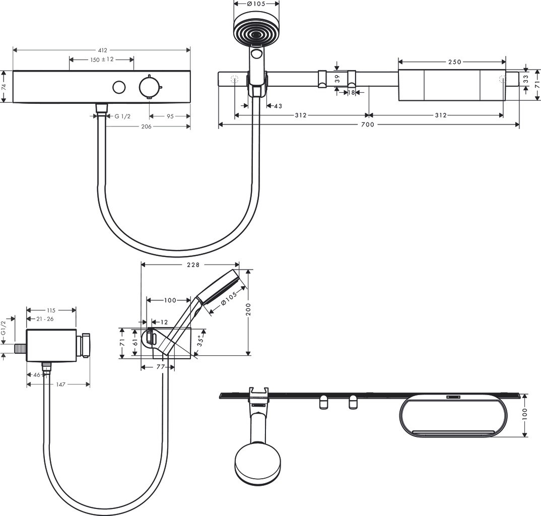 Hansgrohe Bundle WallStoris 105 3jet Brausethermosstat 700 mattweiss