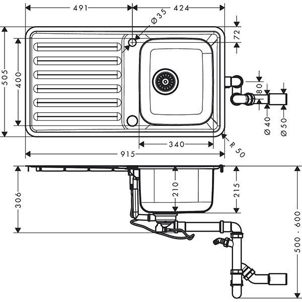 Hansgrohe Einbauspüle 340 mit Abtropffläche  S4113-F340