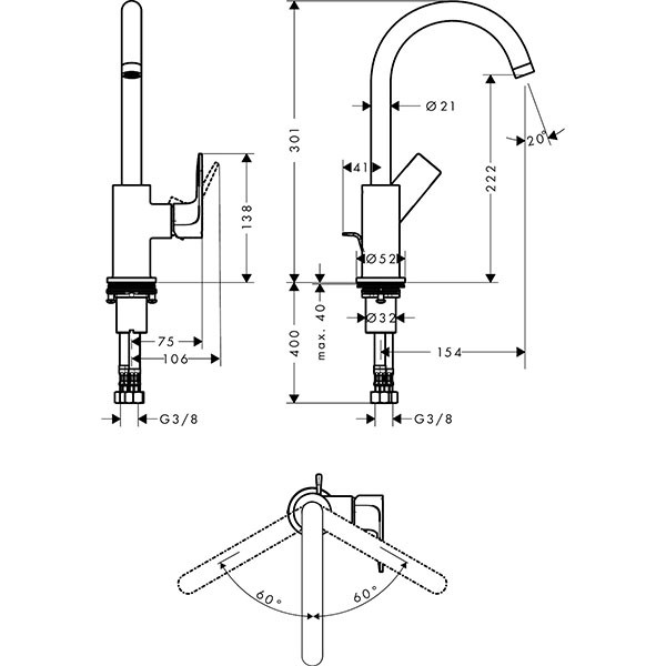 Hansgrohe Einhebel-Waschtischmischer Rebris E 210 Schwenkauslauf m.Zugstange chrom