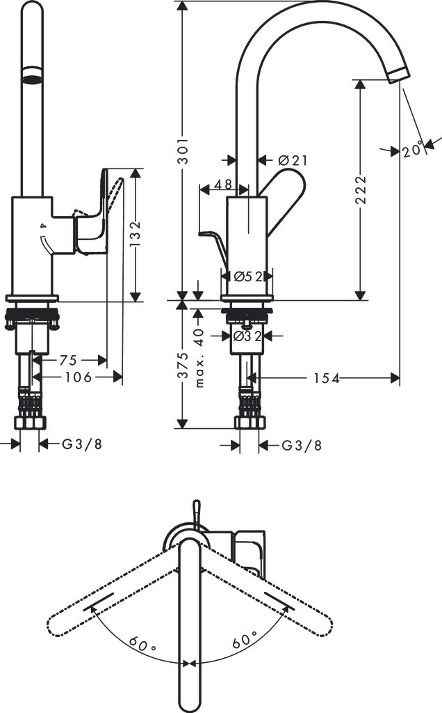 Hansgrohe Einhebel-Waschtischmischer Rebris S 210 Schwenkauslauf m.Zugstange MSW