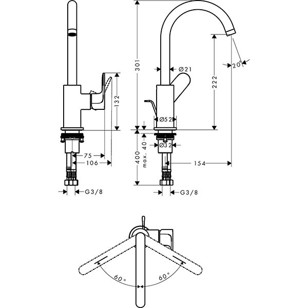 Hansgrohe Einhebel-Waschtischmischer Rebris S 210 Schwenkauslauf m.Zugstange MSW