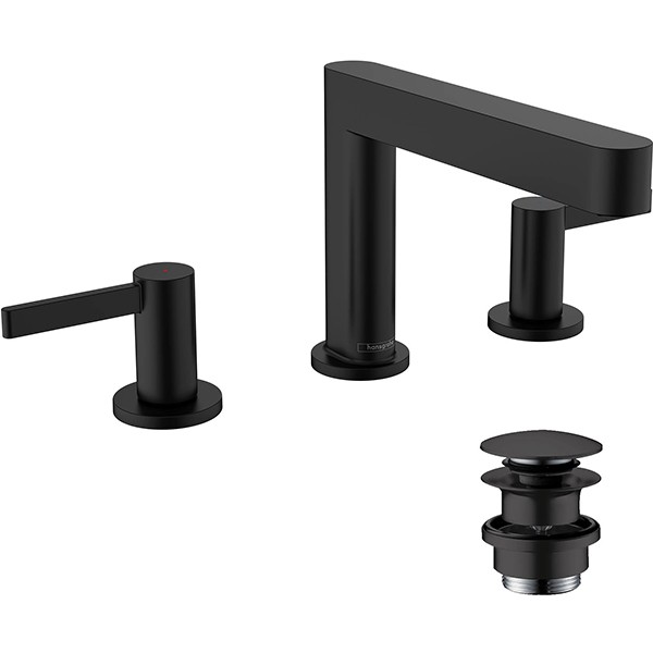 Hansgrohe 3-Loch Waschtischarmatur 110 Finoris mit Push-Open Ablaufgarnitur mattschwarz