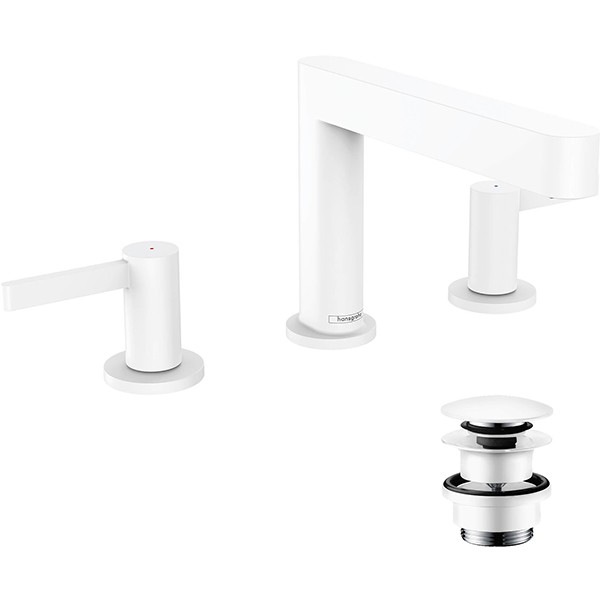 Hansgrohe 3-Loch Waschtischarmatur 110 Finoris mit Push-Open Ablaufgarnitur mattweiss