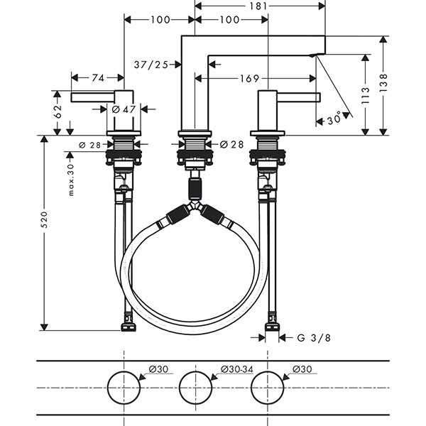 Hansgrohe 3-Loch Waschtischarmatur 110 Finoris mit Push-Open Ablaufgarnitur mattweiss