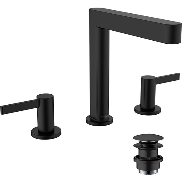 Hansgrohe 3-Loch Waschtischarmatur 160 Finoris mit Push-Open Ablaufgarnitur mattschwarz