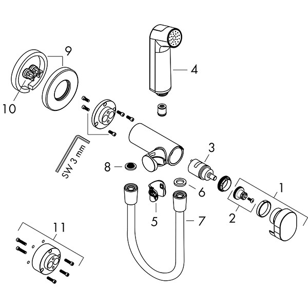 Hansgrohe Handbrause Bidette S f.Warmwasser  m. Schlauch 1250mm und Porter chrom