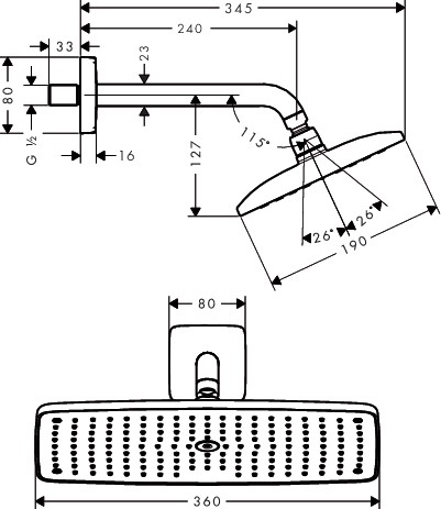 Hansgrohe Kopfbrause Raindance E 360 Air 1jet 360mmx190mm mit Brausearm 240mm chrom