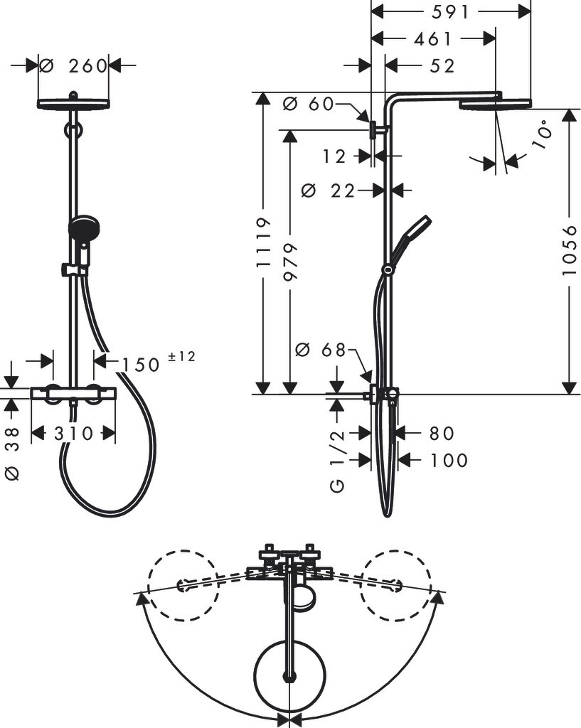 Hansgrohe Pulsify S Puro Showerpipe 260 1jet EcoSmart mit Ecostat Fine und Handbrause 3jet Mattweiß