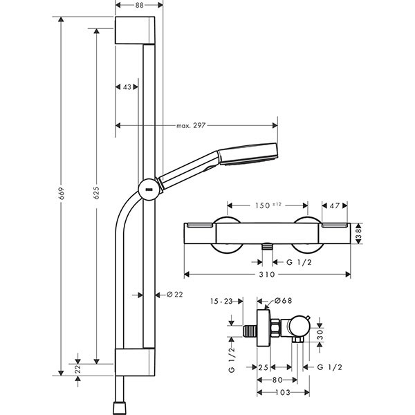Hansgrohe Pulsify Select S Brausesystem 105 3jet Relaxation EcoSmart mit Ecostat Element und Brausestange 65 cm Chrom