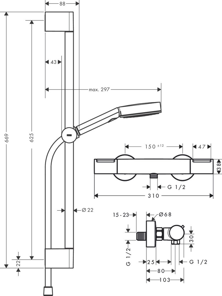 Hansgrohe Pulsify Select S Brausesystem 105 3jet Relaxation EcoSmart mit Ecostat Element und Brausestange 65 cm Mattschwarz