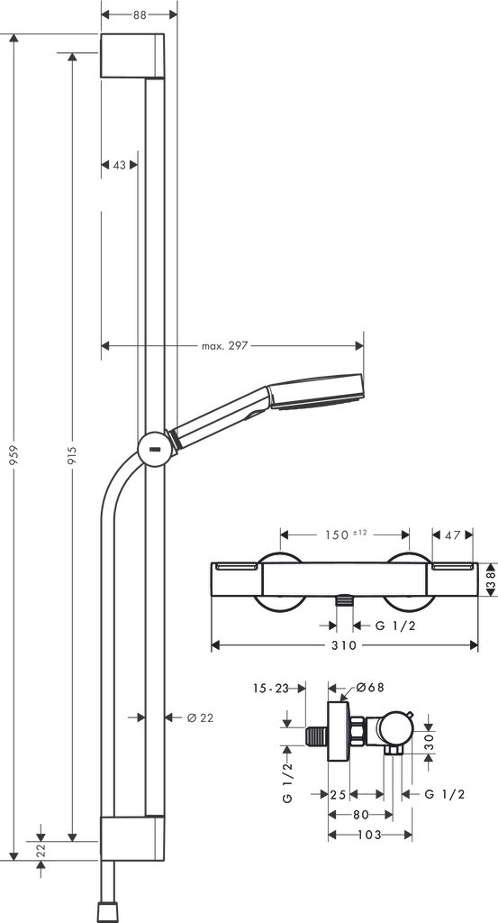 Hansgrohe Pulsify Select S Brausesystem 105 3jet Relaxation EcoSmart mit Ecostat Element und Brausestange 90 cm Chrom