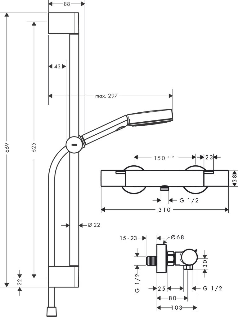 Hansgrohe Pulsify Select S Brausesystem 105 3jet Relaxation EcoSmart mit Ecostat Fine und Brausestange 65 cm Chrom