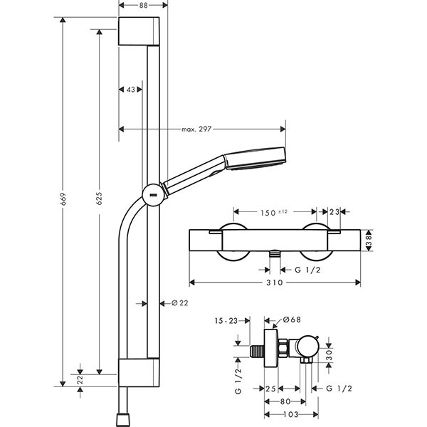 Hansgrohe Pulsify Select S Brausesystem 105 3jet Relaxation EcoSmart mit Ecostat Fine und Brausestange 65 cm Mattschwarz