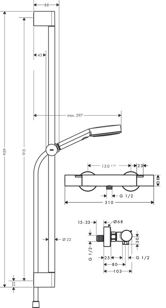 Hansgrohe Pulsify Select S Brausesystem 105 3jet Relaxation EcoSmart mit Ecostat Fine und Brausestange 90 cm Chrom