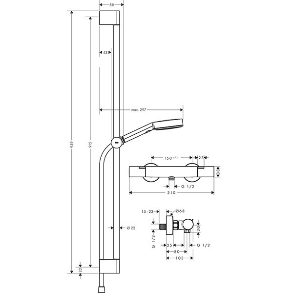 Hansgrohe Pulsify Select S Brausesystem 105 3jet Relaxation EcoSmart mit Ecostat Fine und Brausestange 90 cm Chrom