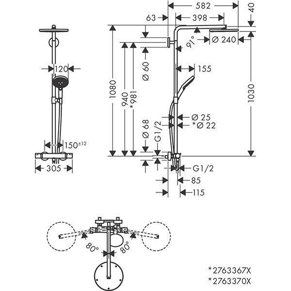 Hansgrohe Raindance Select S Showerpipe 240 1jet PowderRain mit Thermostat, weiß matt 27633700