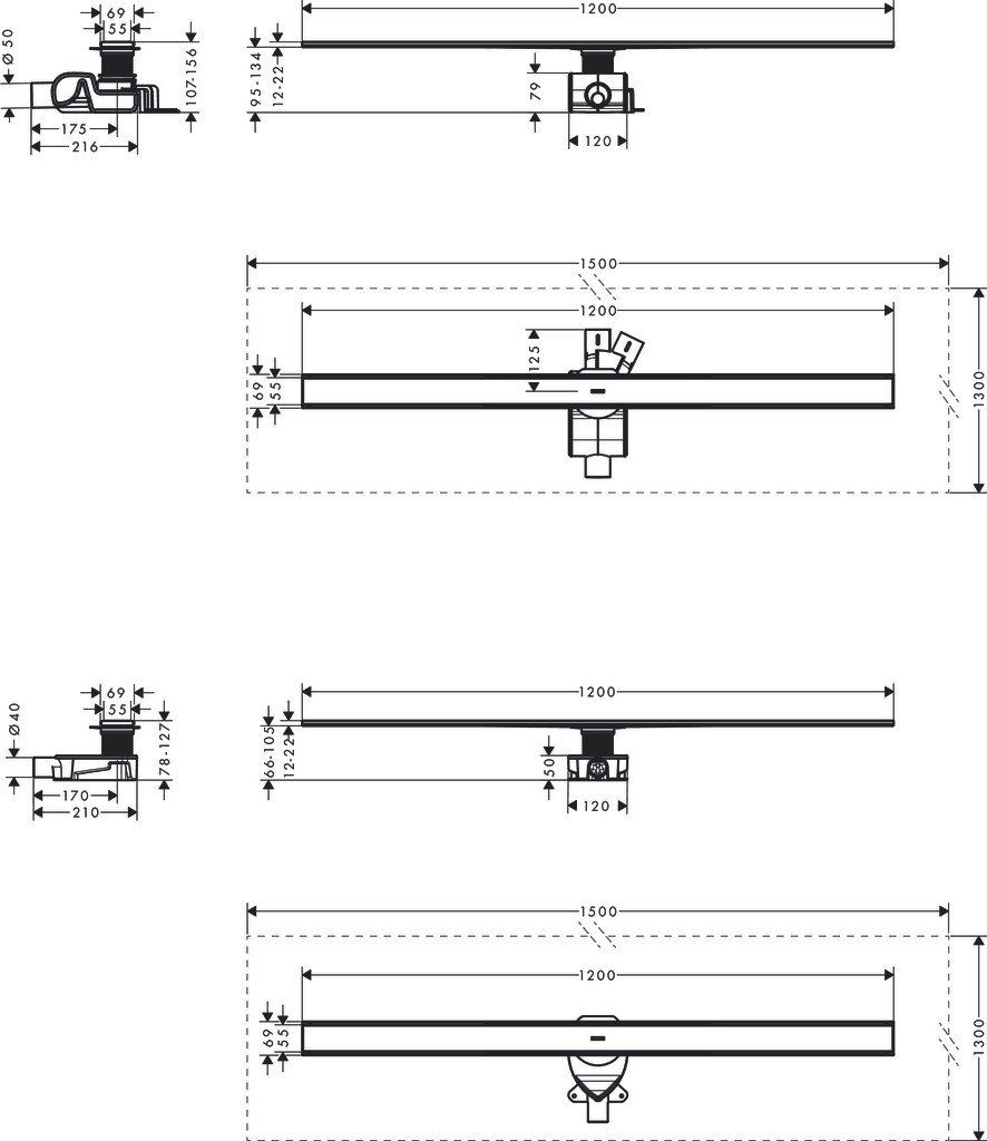 Hansgrohe RainDrain Allround Komplettset Duschrinne 1200 für Standard-/flache Installation Edelstahl gebürstet