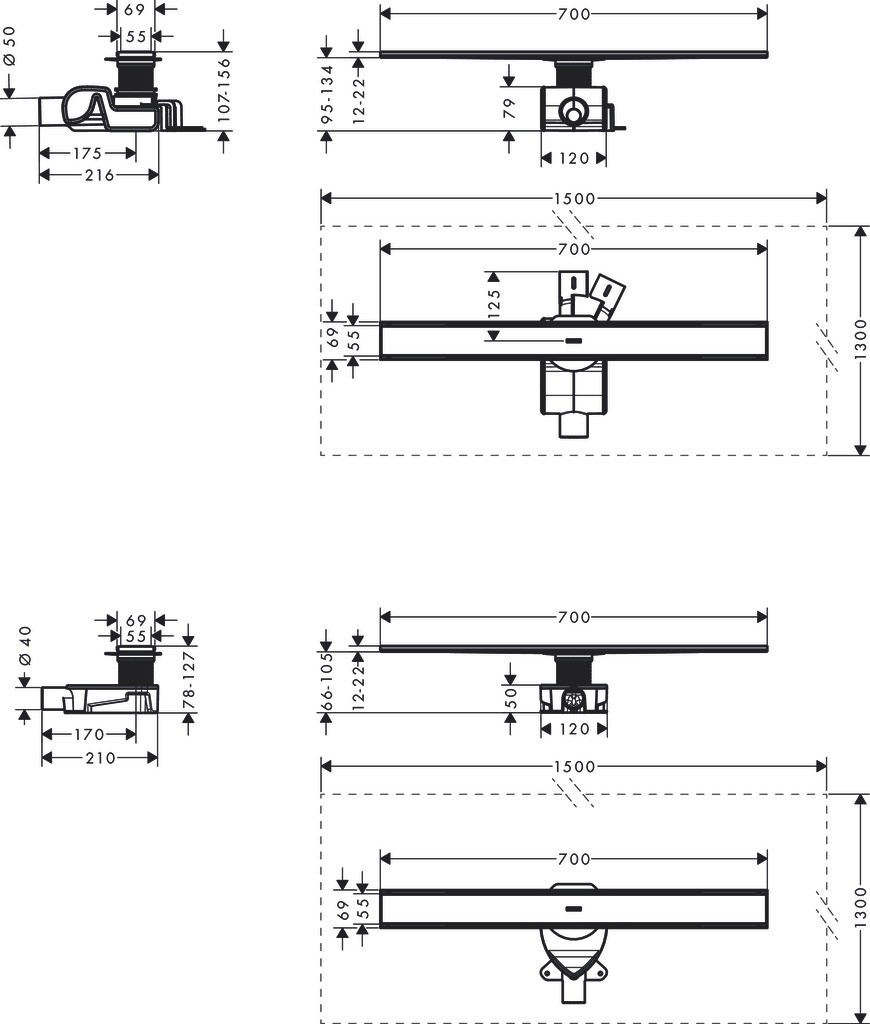 Hansgrohe RainDrain Allround Komplettset Duschrinne 700 für Standard-/flache Installation Edelstahl gebürstet