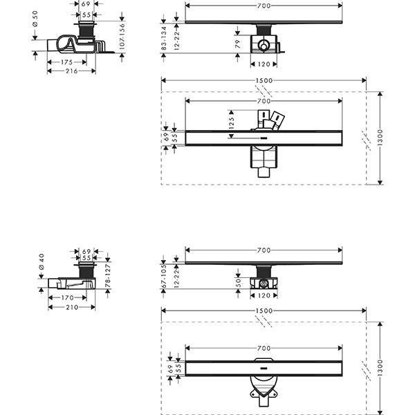 Hansgrohe RainDrain Allround Komplettset Duschrinne 700 für Standard-/flache Installation Edelstahl gebürstet