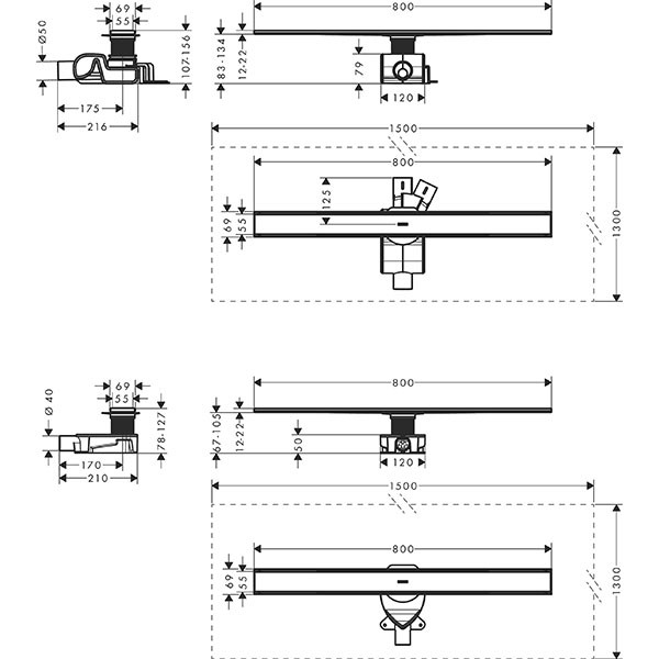 Hansgrohe RainDrain Allround Komplettset Duschrinne 800 für Standard-/flache Installation Edelstahl gebürstet