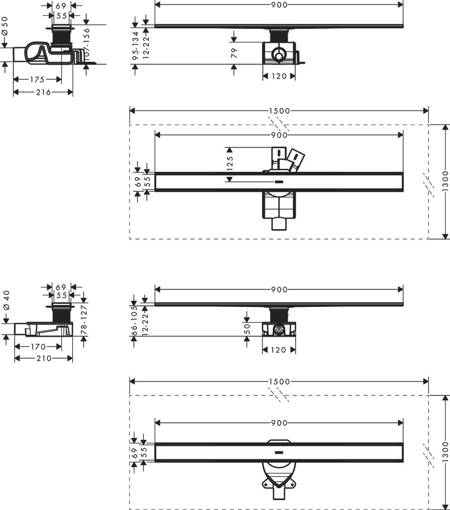 Hansgrohe RainDrain Allround Komplettset Duschrinne 900 für Standard-/flache Installation Edelstahl gebürstet